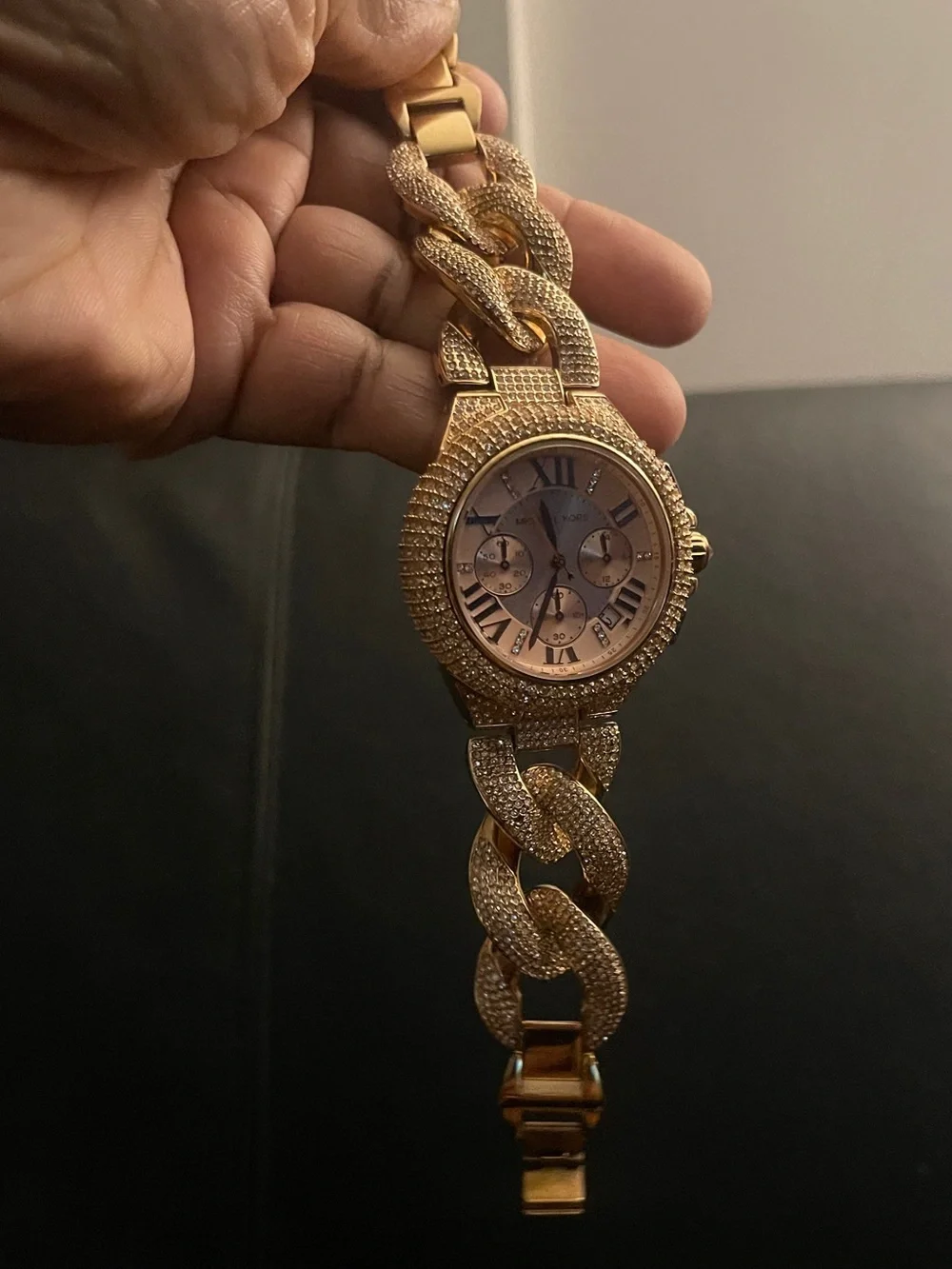 Michael Kors Women’s Rose Gold Crystal Pavé Chronograph Watch EUC MK3196 44MM